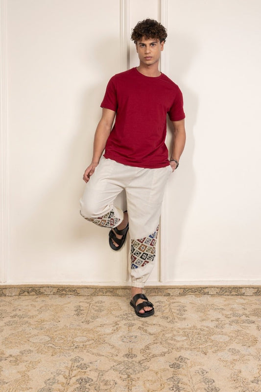 Cream Cotton Pants with Patchwork for Men – Soft, Breathable Lounge Wear | Regular Fit | Artistic Bottom Detailing - swadeshsouq.com