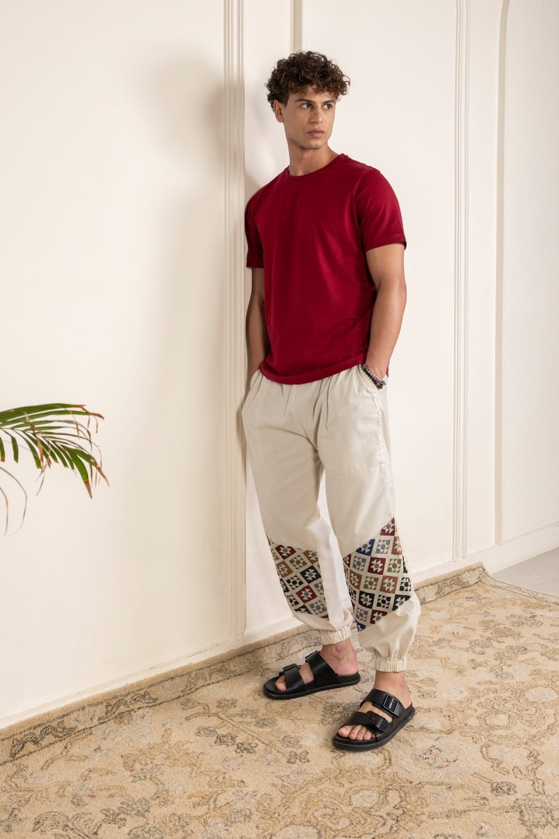 Cream Cotton Pants with Patchwork for Men – Soft, Breathable Lounge Wear | Regular Fit | Artistic Bottom Detailing - swadeshsouq.com