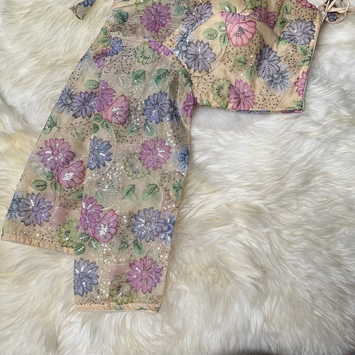 Cream Organza Silk Blouse with Floral Sequin Work – Full Sleeves, Laced Back, Fits 32–40 - swadeshsouq.com