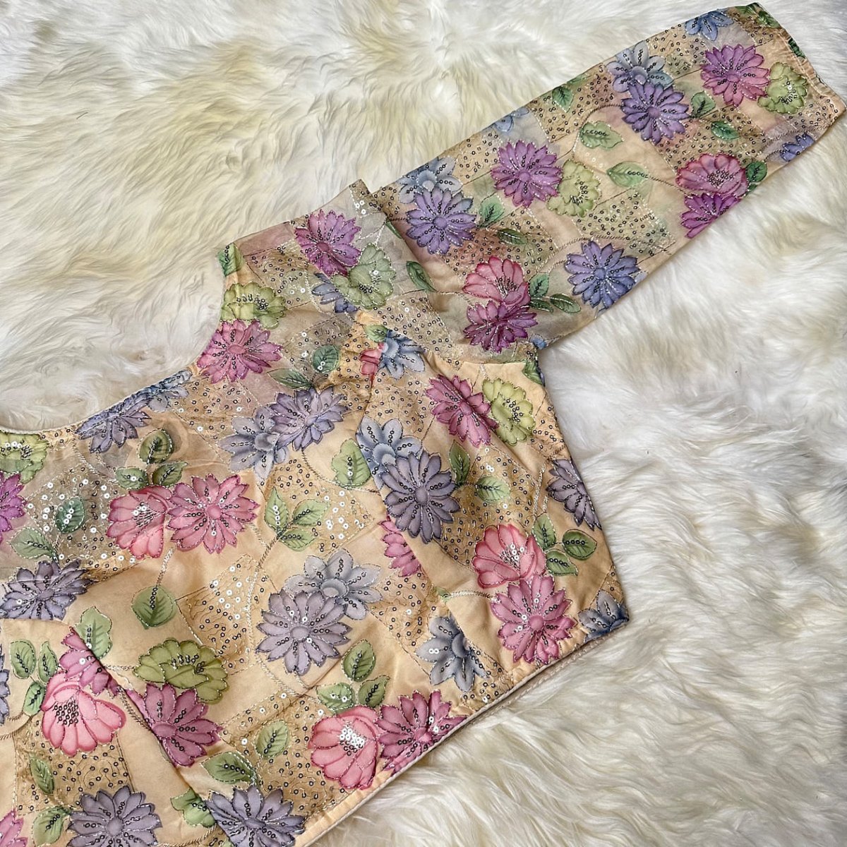 Cream Organza Silk Blouse with Floral Sequin Work – Full Sleeves, Laced Back, Fits 32–40 - swadeshsouq.com