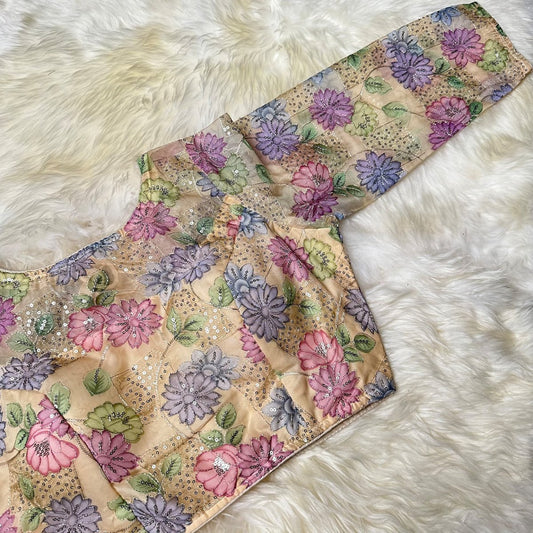 Cream Organza Silk Blouse with Floral Sequin Work – Full Sleeves, Laced Back, Fits 32–40 - swadeshsouq.com