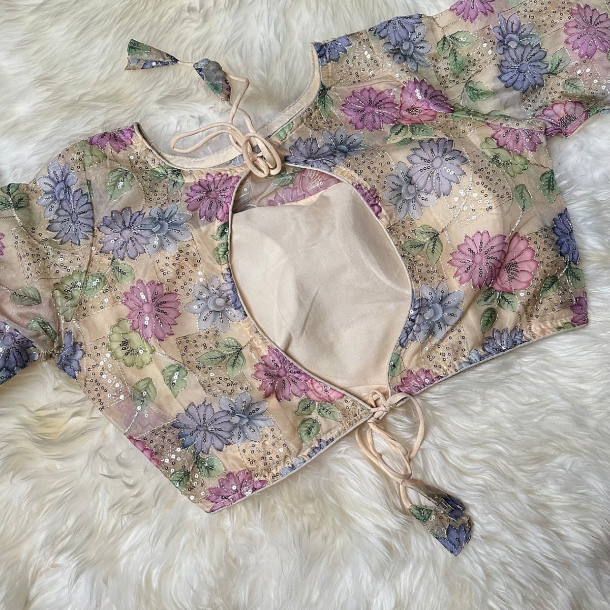 Cream Organza Silk Blouse with Floral Sequin Work – Full Sleeves, Laced Back, Fits 32–40 - swadeshsouq.com