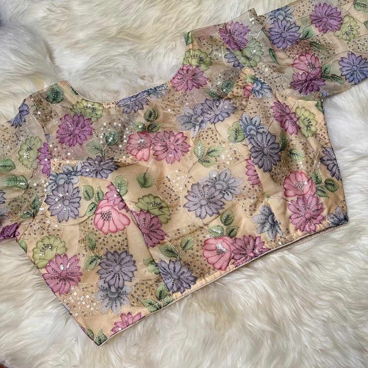 Cream Organza Silk Blouse with Floral Sequin Work – Full Sleeves, Laced Back, Fits 32–40 - swadeshsouq.com