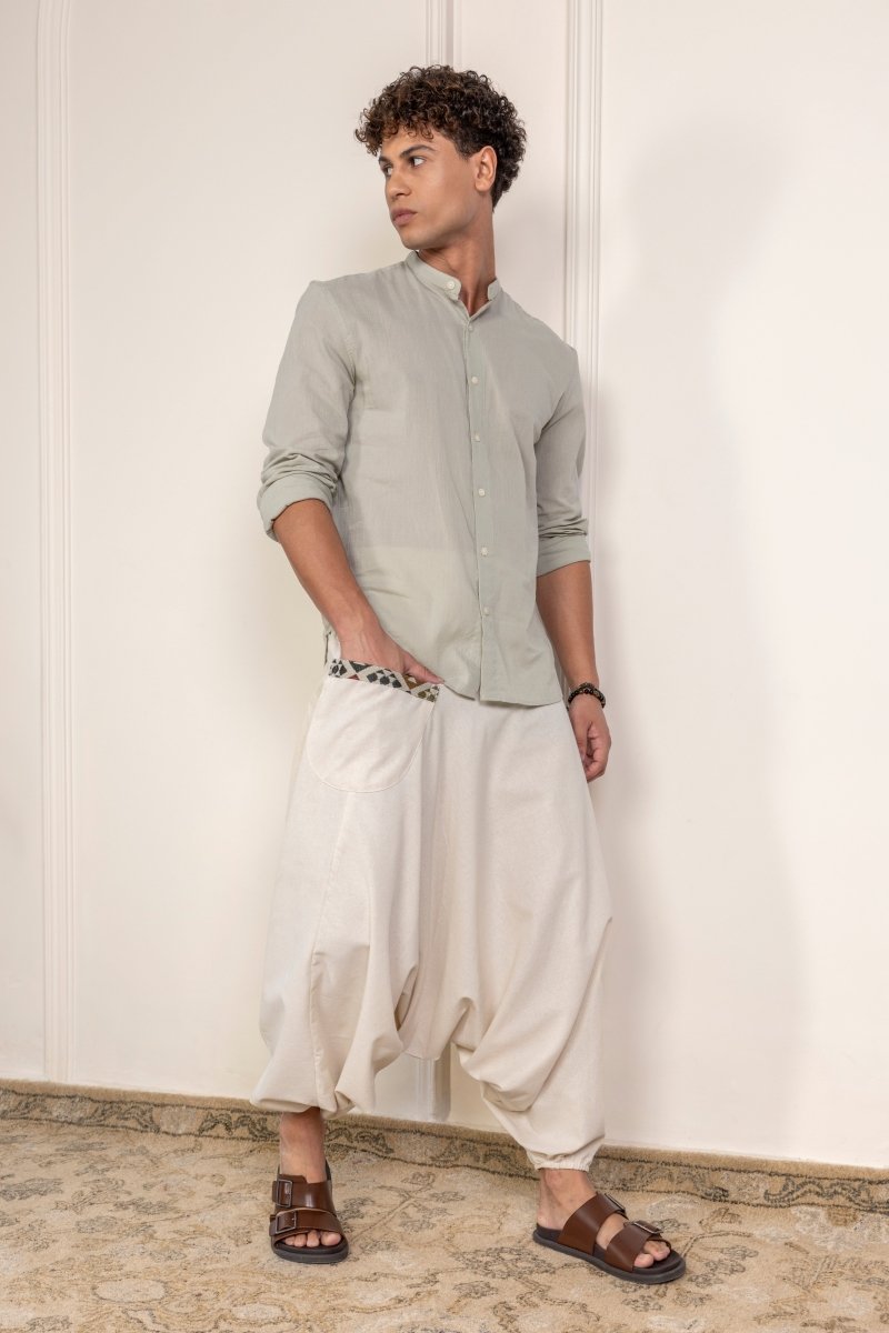Cream Patchwork Harem Pants for Men – Relaxed Fit, Trendy Boho Lounge Wear - swadeshsouq.com