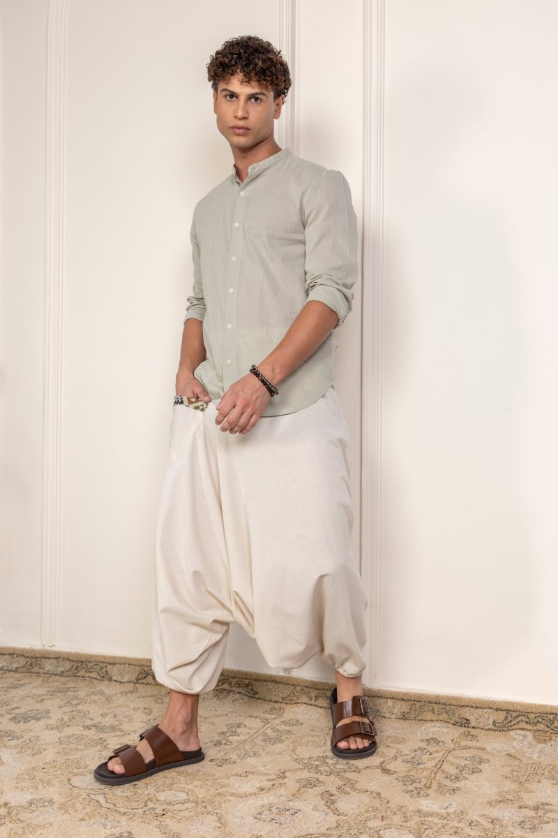 Cream Patchwork Harem Pants for Men – Relaxed Fit, Trendy Boho Lounge Wear - swadeshsouq.com