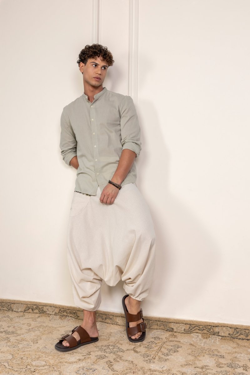 Cream Patchwork Harem Pants for Men – Relaxed Fit, Trendy Boho Lounge Wear - swadeshsouq.com