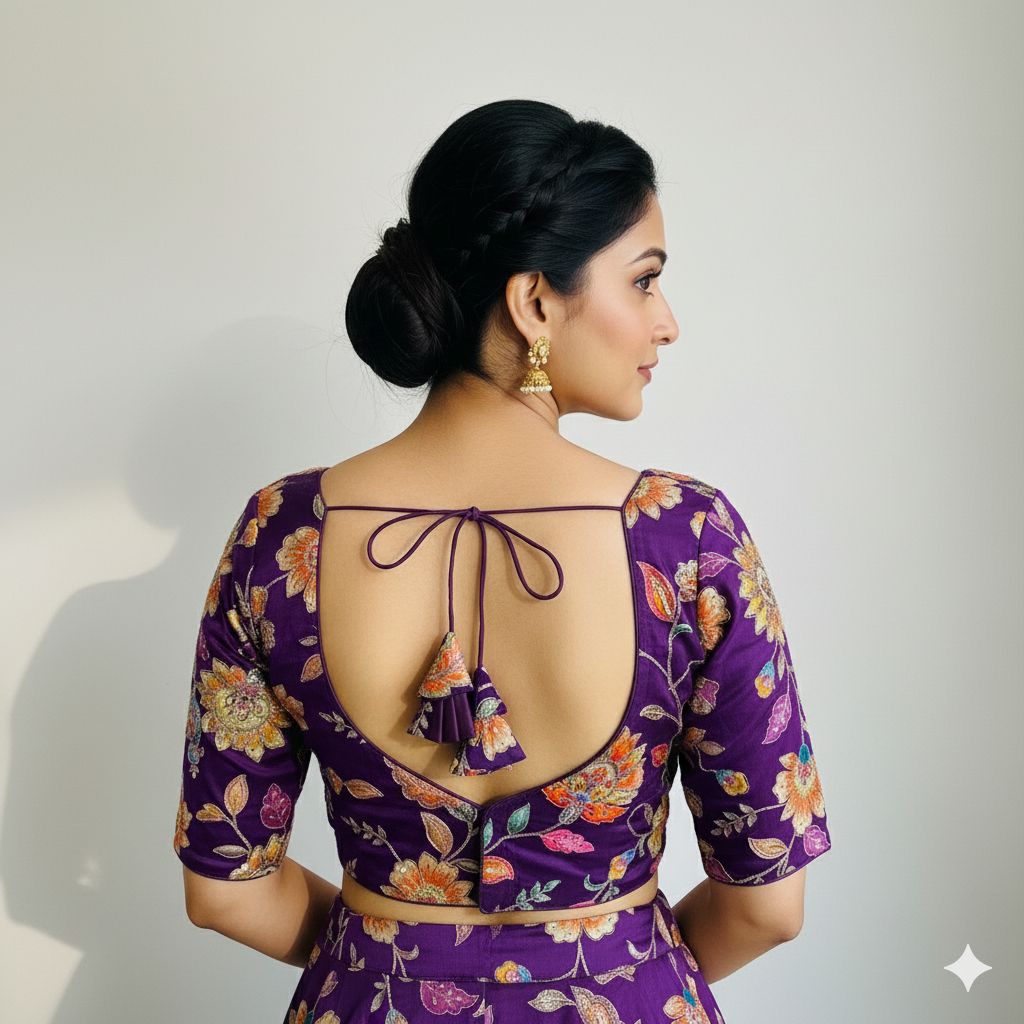 Deep Purple Viscose Crepe Blouse with Handcrafted Embroidery & Mid-Length Sleeves (Free Size 32–40)