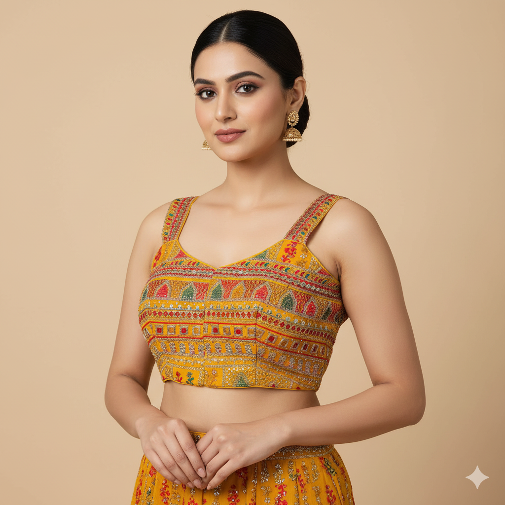 Yellow Georgette Blouse with All-Over Multicolor Rajasthani Embroidery | Sleeveless (Fits 32–40)