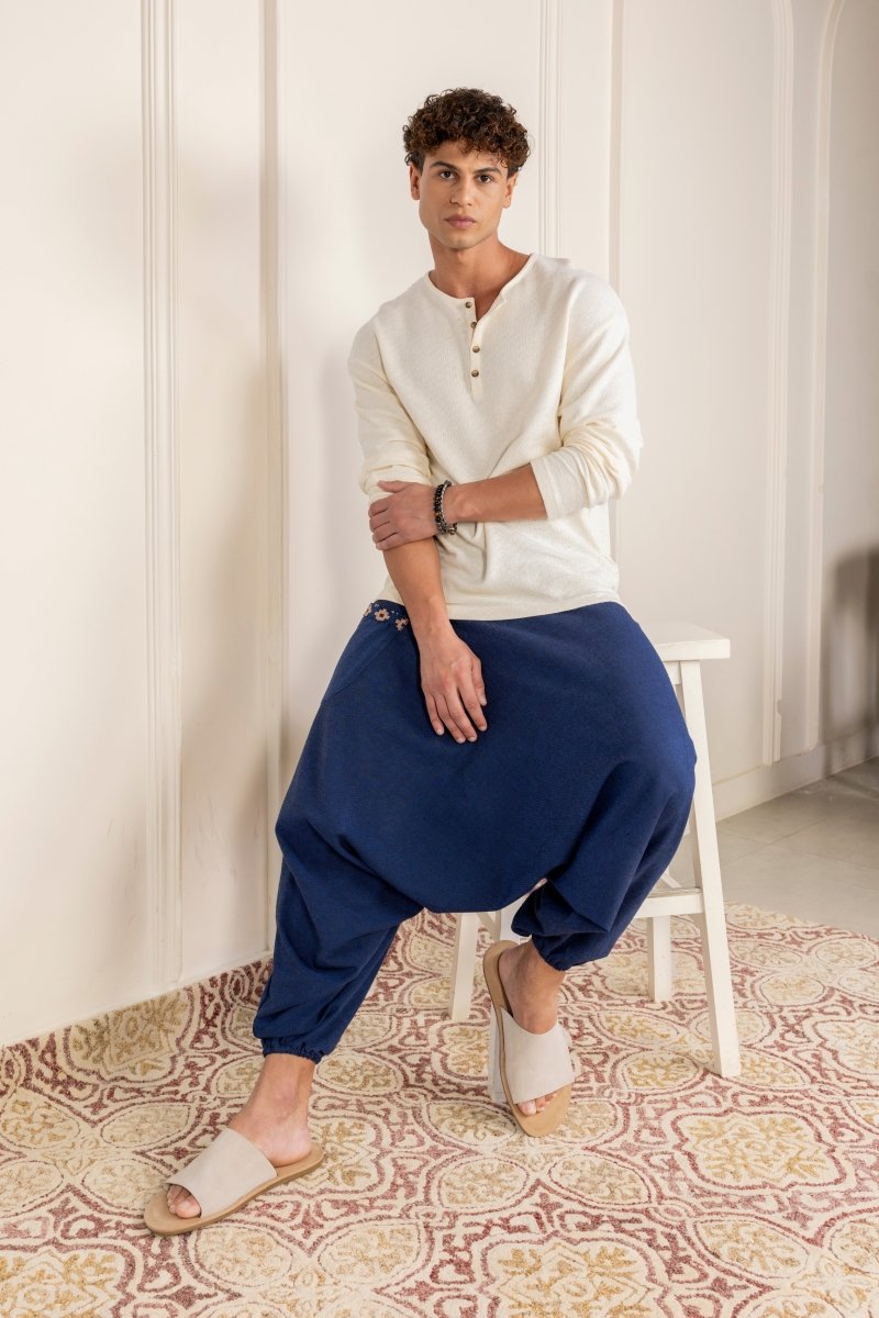 Dark Blue Cotton Harem Pants for Men with Stylish Patchwork – Relaxed Fit, Trendy Lounge Wear - swadeshsouq.com