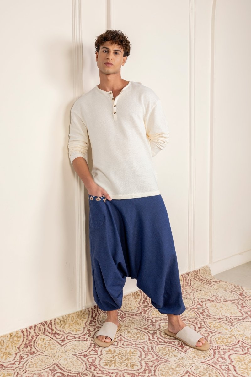 Dark Blue Cotton Harem Pants for Men with Stylish Patchwork – Relaxed Fit, Trendy Lounge Wear - swadeshsouq.com