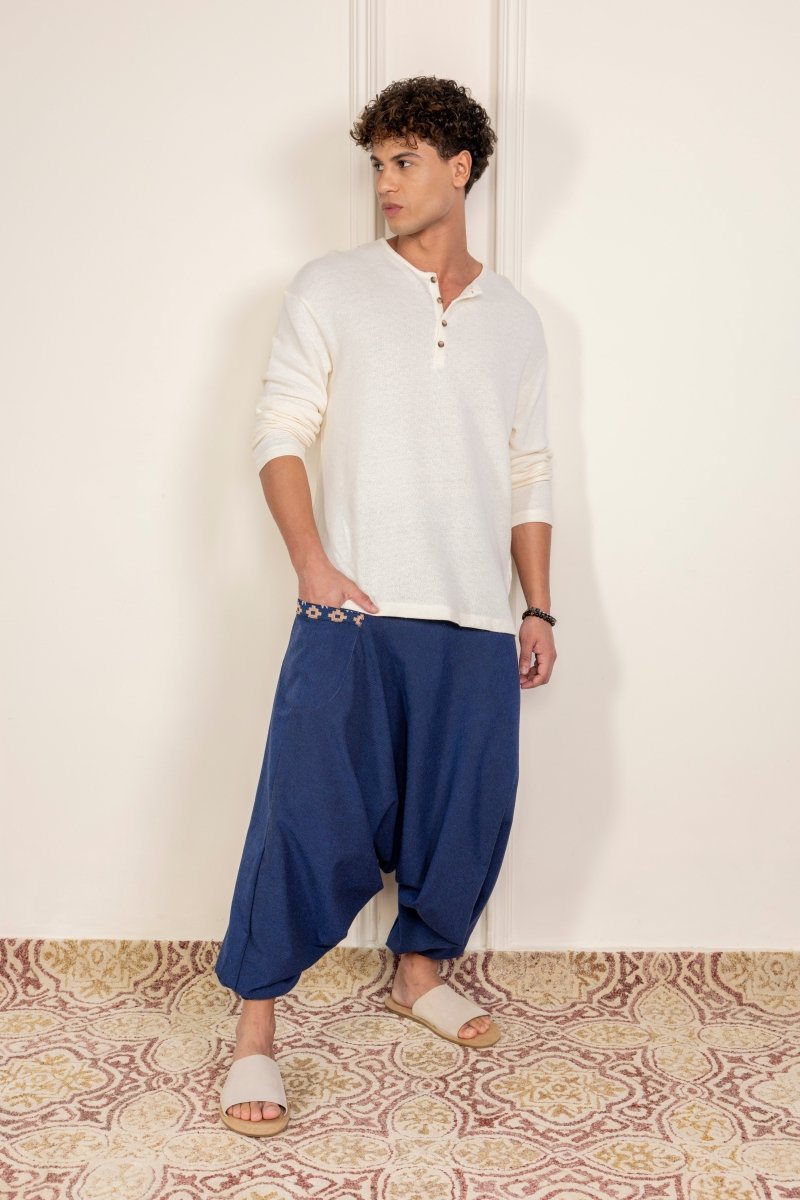 Dark Blue Cotton Harem Pants for Men with Stylish Patchwork – Relaxed Fit, Trendy Lounge Wear - swadeshsouq.com