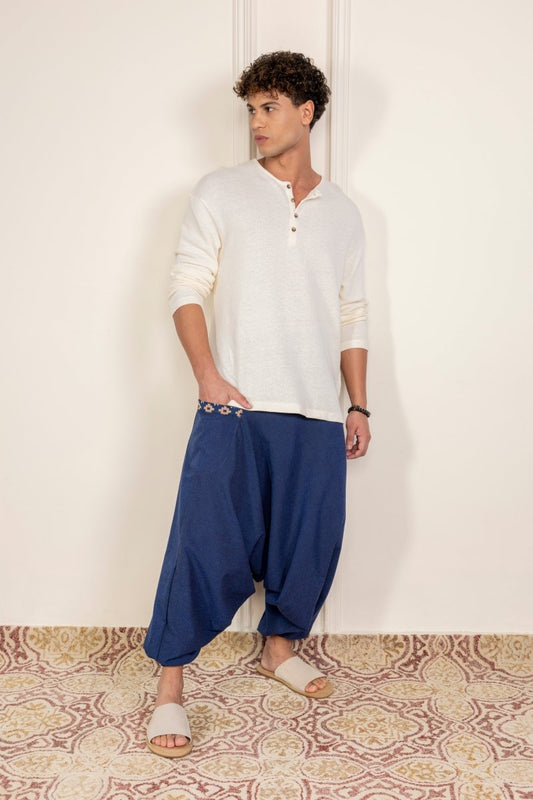 Dark Blue Cotton Harem Pants for Men with Stylish Patchwork – Relaxed Fit, Trendy Lounge Wear - swadeshsouq.com