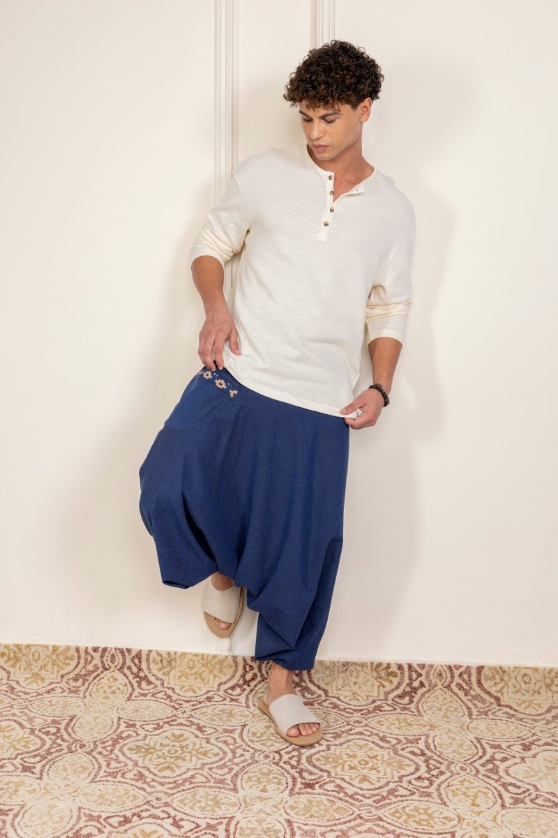 Dark Blue Cotton Harem Pants for Men with Stylish Patchwork – Relaxed Fit, Trendy Lounge Wear - swadeshsouq.com