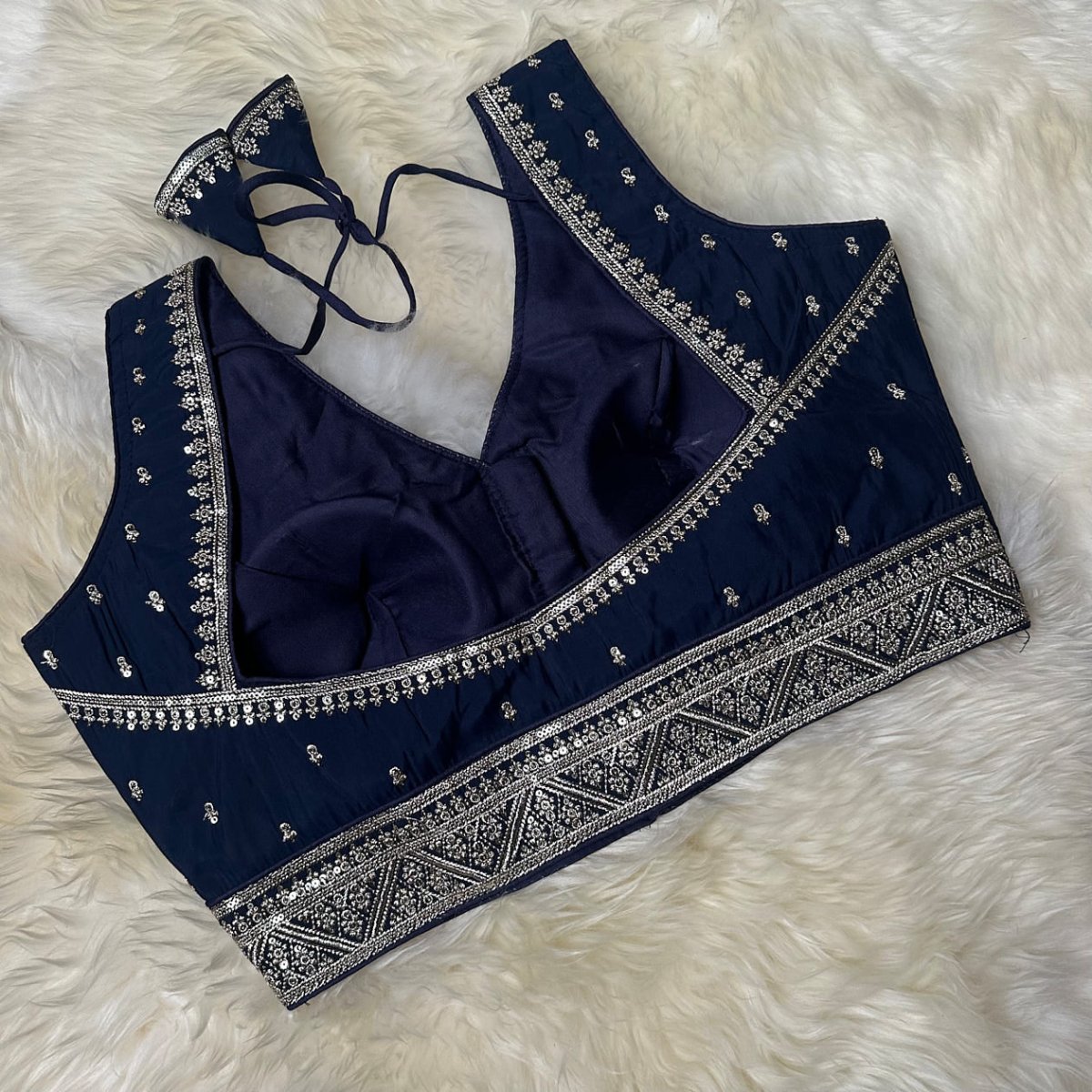 Dark Blue Silk Blouse with Exquisite Neck & Waist Embroidery and Elegant Back Design (Size 32–40) - swadeshsouq.com