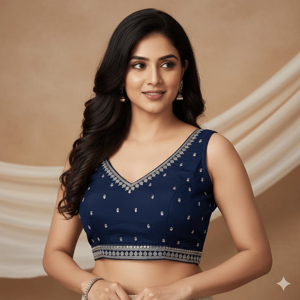 Dark Blue Silk Blouse with Exquisite Neck & Waist Embroidery and Elegant Back Design (Size 32–40) - swadeshsouq.com