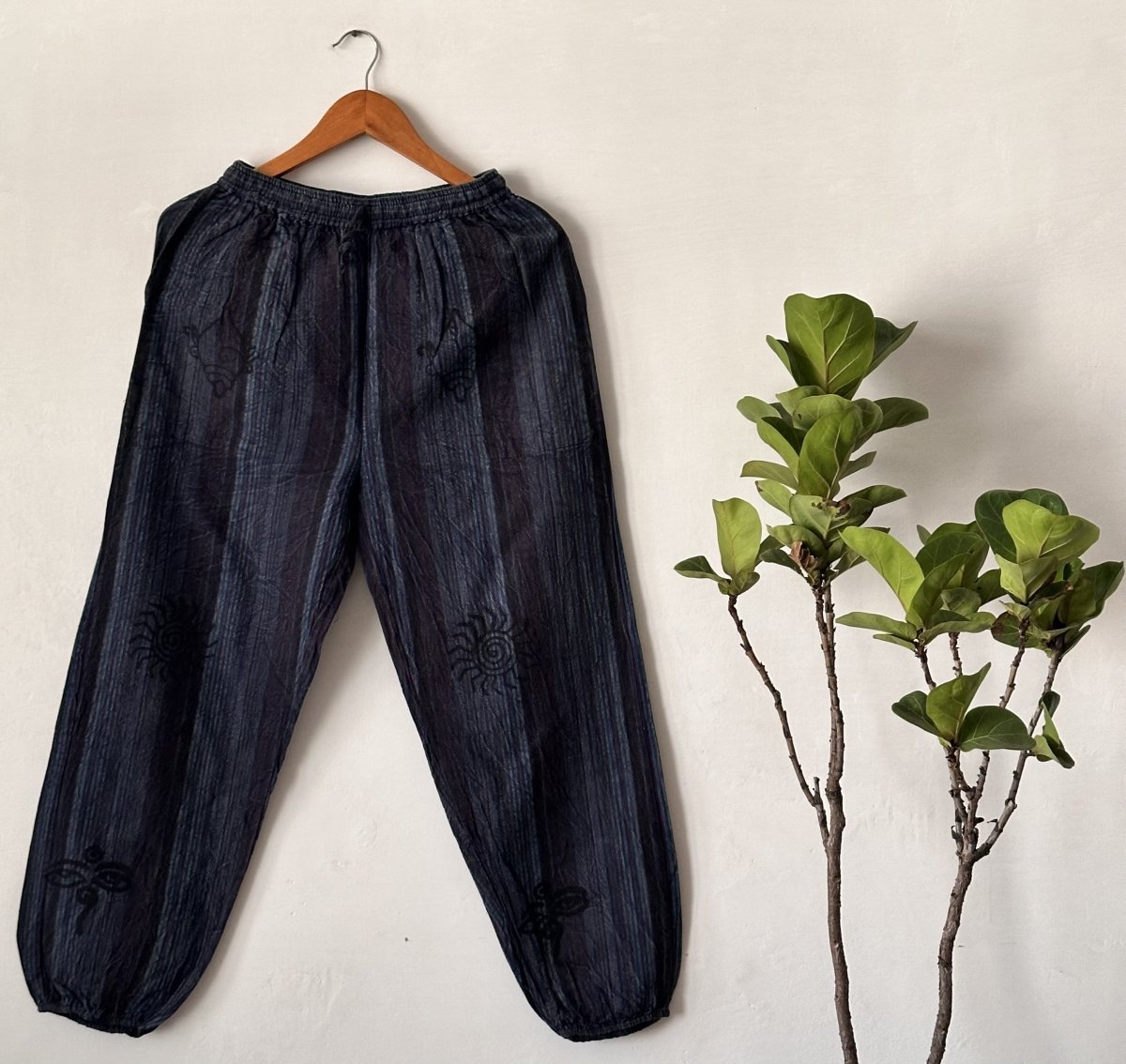 Dark Charcoal Striped Balloon Pants | Pure Cotton with Hand - Dyed Tribal Motifs - swadeshsouq.com