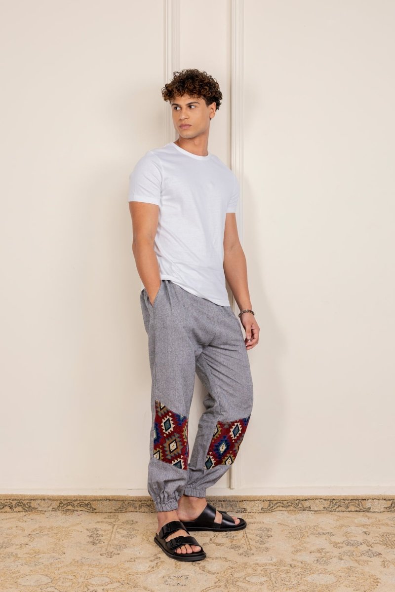 Dark Grey Cotton Pants with Patchwork for Men – Soft, Breathable Lounge Wear | Regular Fit | Artistic Bottom Detailing - swadeshsouq.com