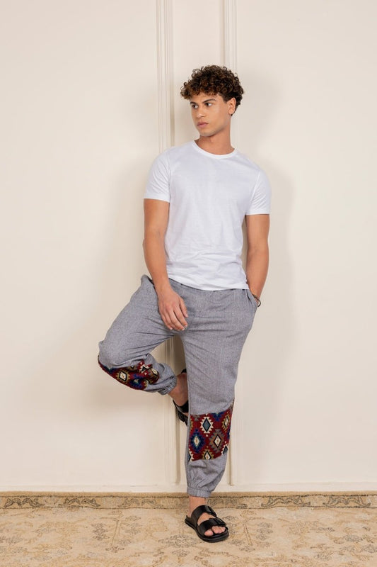 Dark Grey Cotton Pants with Patchwork for Men – Soft, Breathable Lounge Wear | Regular Fit | Artistic Bottom Detailing - swadeshsouq.com