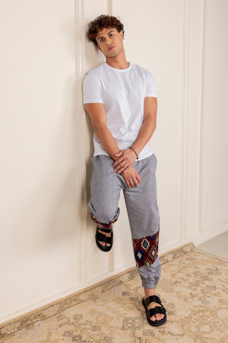 Dark Grey Cotton Pants with Patchwork for Men – Soft, Breathable Lounge Wear | Regular Fit | Artistic Bottom Detailing - swadeshsouq.com