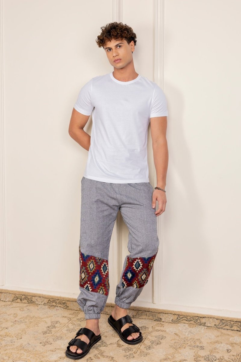 Dark Grey Cotton Pants with Patchwork for Men – Soft, Breathable Lounge Wear | Regular Fit | Artistic Bottom Detailing - swadeshsouq.com