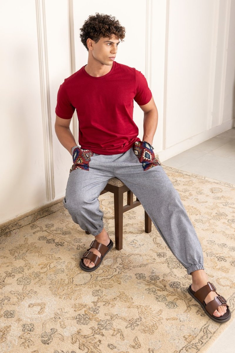 Dark Grey Cotton Patchwork Pyjama for Men – Soft, Breathable Lounge Wear | Regular Fit | Everyday Comfort - swadeshsouq.com