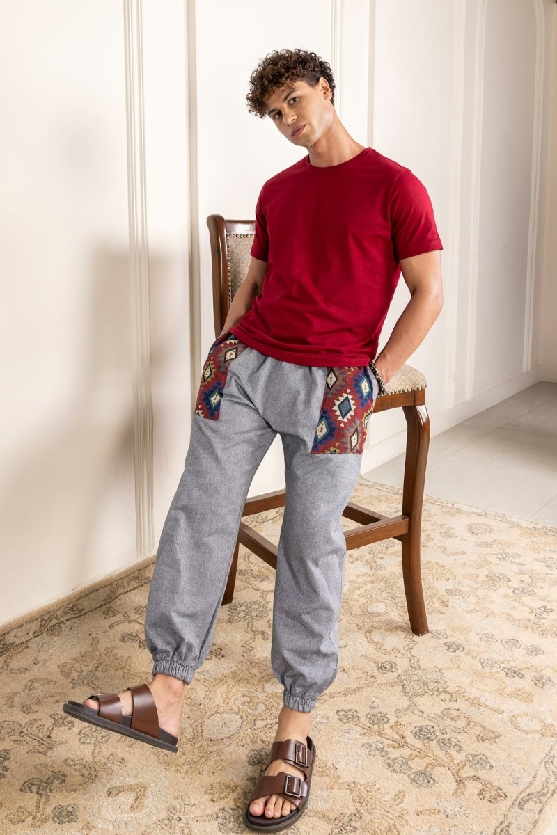 Dark Grey Cotton Patchwork Pyjama for Men – Soft, Breathable Lounge Wear | Regular Fit | Everyday Comfort - swadeshsouq.com