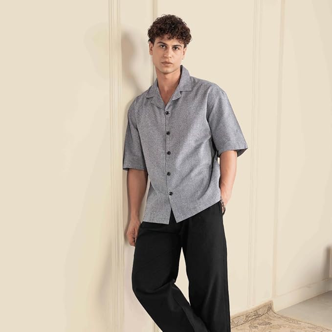 Dark Grey Men’s Half Sleeve | Casual | Box Fit | Cuban Collar Shirt - swadeshsouq.com