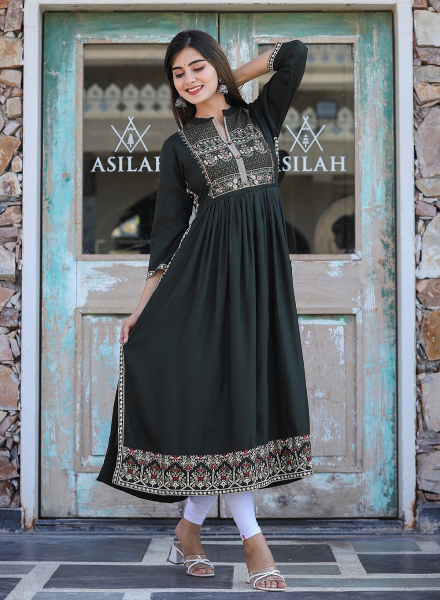 Dark Olive Green Rayon Printed Side Slit Long Ethnic Dress – Elegance Redefined - swadeshsouq.com