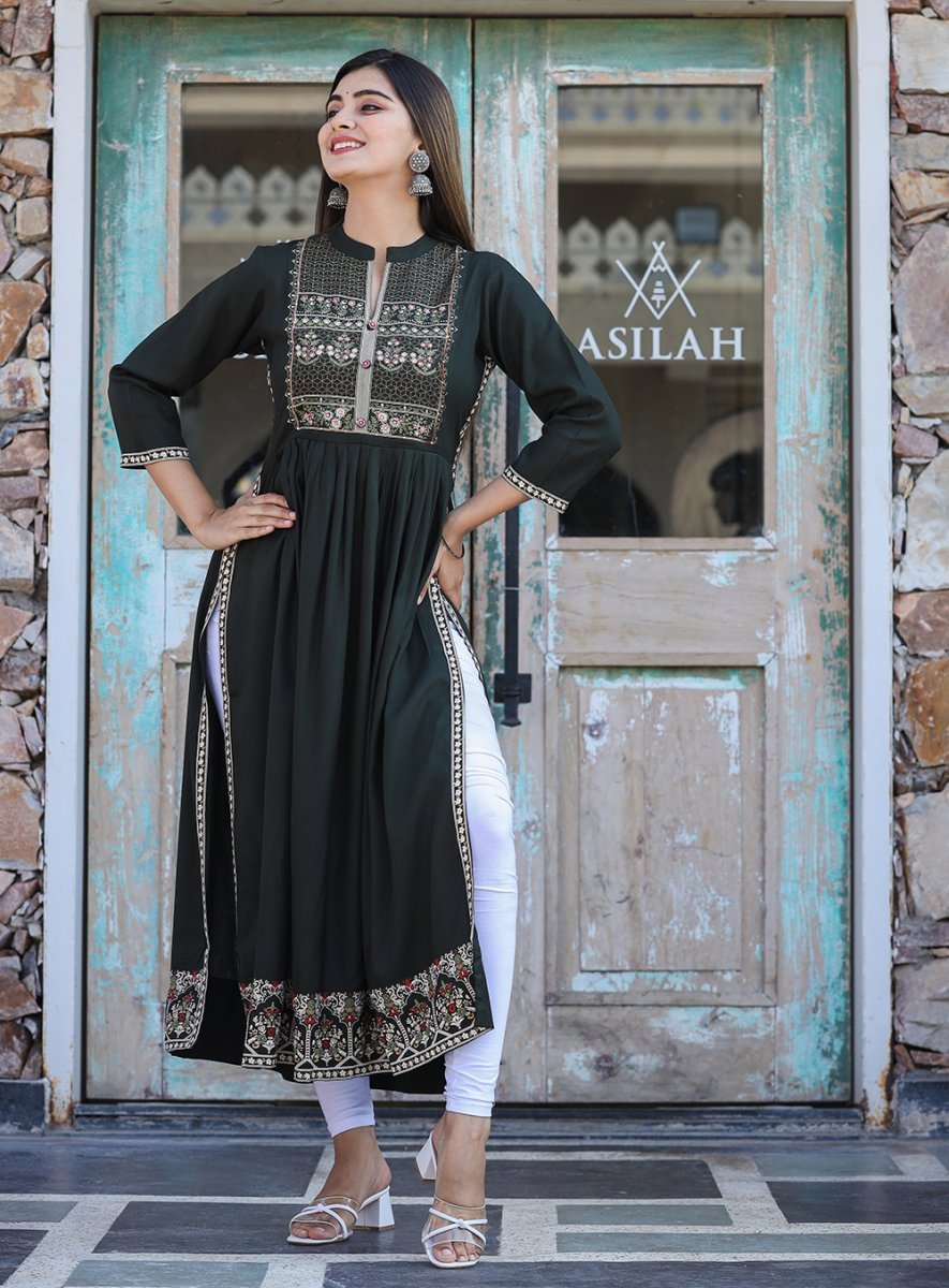 Dark Olive Green Rayon Printed Side Slit Long Ethnic Dress – Elegance Redefined - swadeshsouq.com