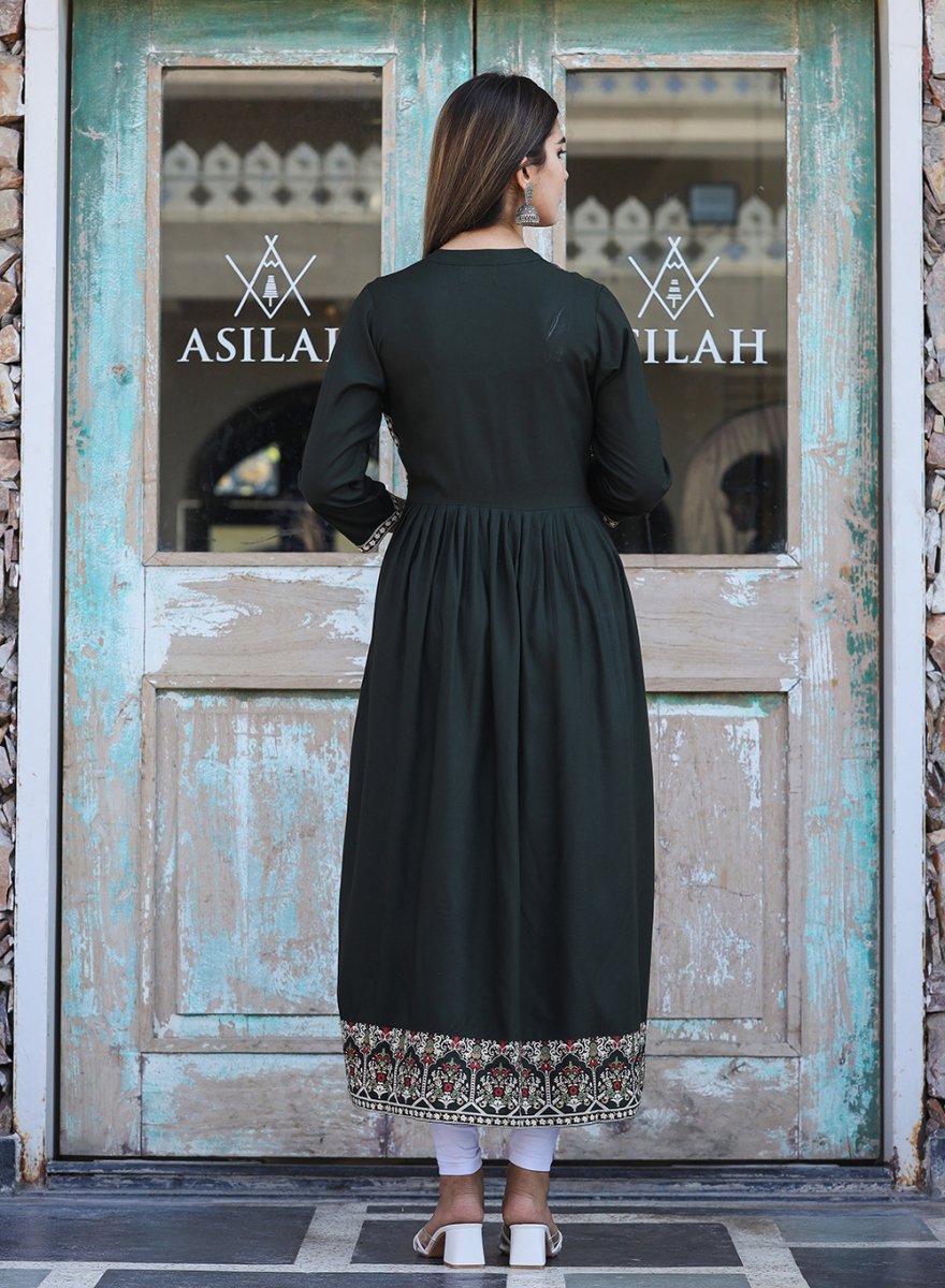 Dark Olive Green Rayon Printed Side Slit Long Ethnic Dress – Elegance Redefined - swadeshsouq.com