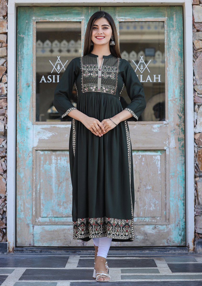 Dark Olive Green Rayon Printed Side Slit Long Ethnic Dress – Elegance Redefined - swadeshsouq.com