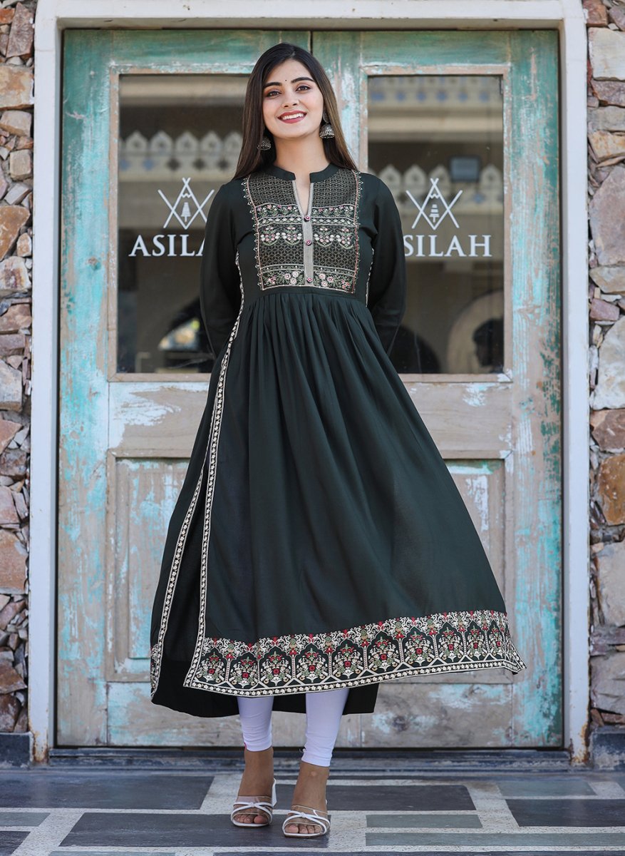 Dark Olive Green Rayon Printed Side Slit Long Ethnic Dress – Elegance Redefined - swadeshsouq.com