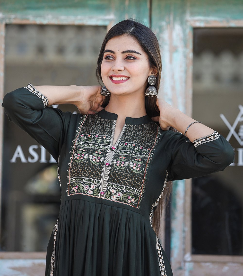 Dark Olive Green Rayon Printed Side Slit Long Ethnic Dress – Elegance Redefined - swadeshsouq.com