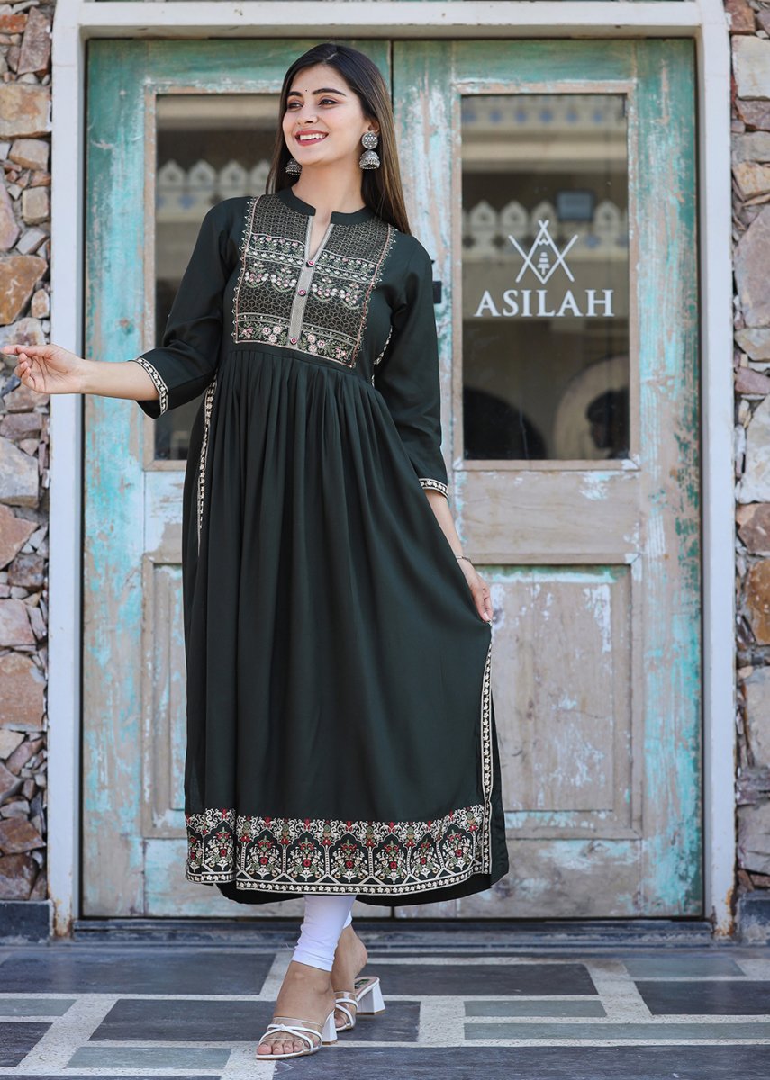 Dark Olive Green Rayon Printed Side Slit Long Ethnic Dress – Elegance Redefined - swadeshsouq.com