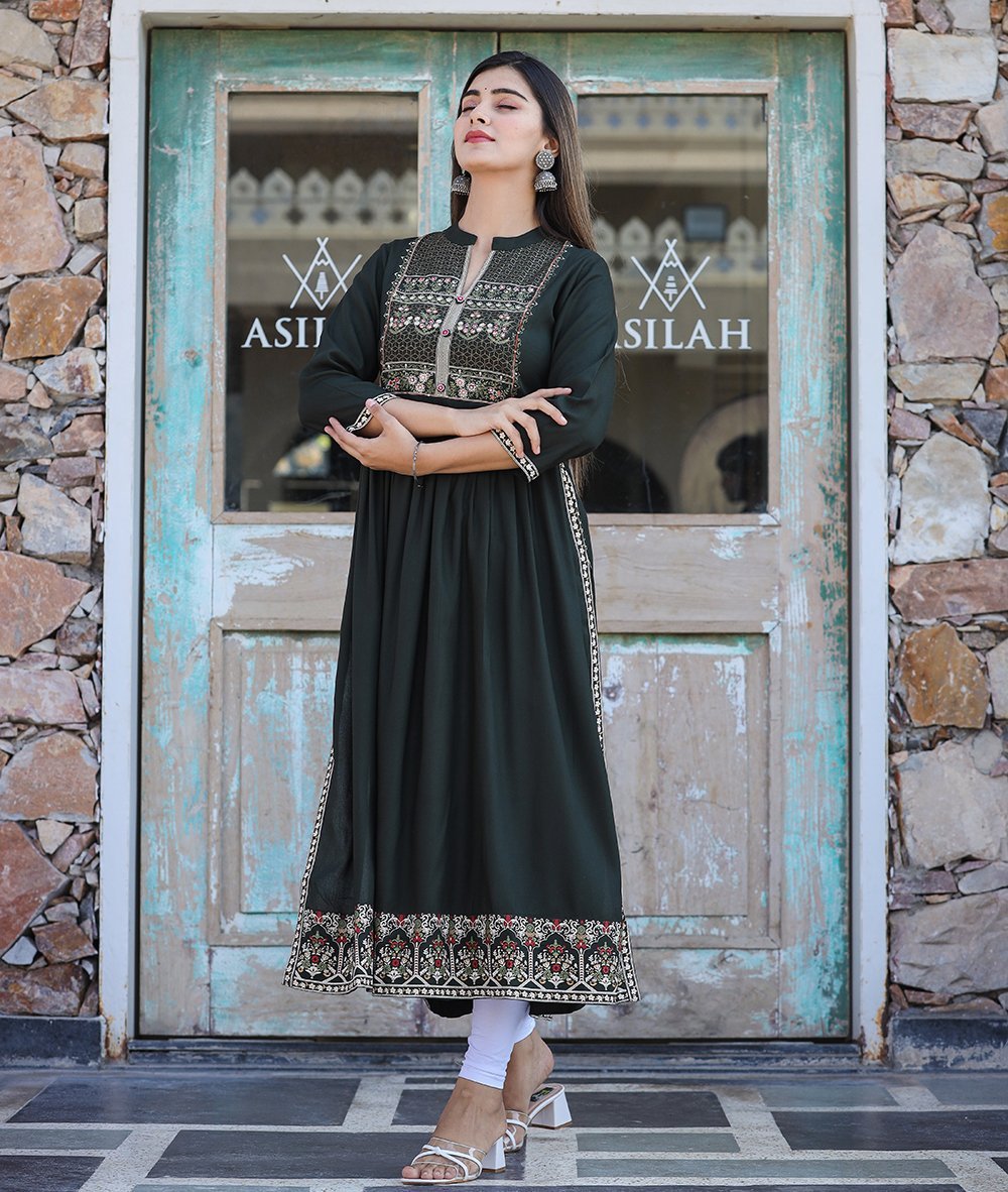 Dark Olive Green Rayon Printed Side Slit Long Ethnic Dress – Elegance Redefined - swadeshsouq.com