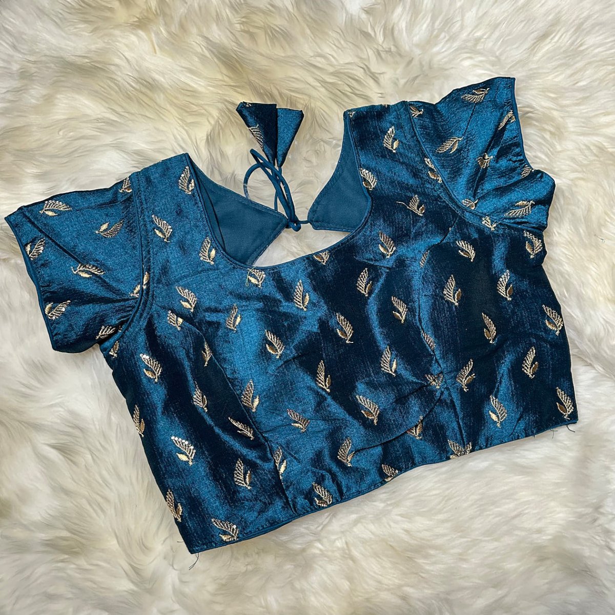 Dark Teal Green Silk Blouse with Golden Aari Work (Size 32–38) - swadeshsouq.com