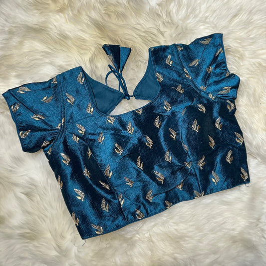 Dark Teal Green Silk Blouse with Golden Aari Work (Size 32–38) - swadeshsouq.com