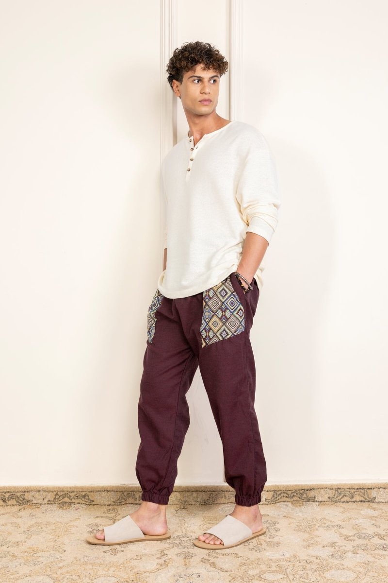 Deep Maroon Cotton Patchwork Pyjama for Men – Soft, Breathable Lounge Wear | Regular Fit | Everyday Comfort - swadeshsouq.com