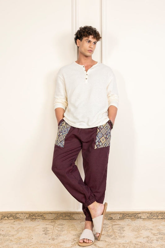 Deep Maroon Cotton Patchwork Pyjama for Men – Soft, Breathable Lounge Wear | Regular Fit | Everyday Comfort - swadeshsouq.com