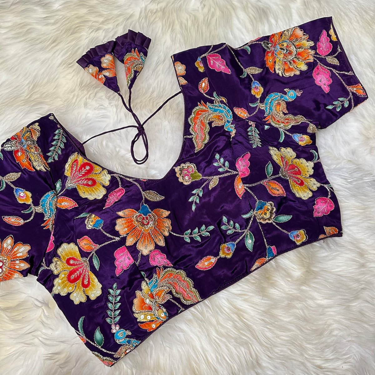 Deep Purple Viscose Crepe Blouse with Handcrafted Embroidery & Mid - Length Sleeves (Free Size 32–40) - swadeshsouq.com