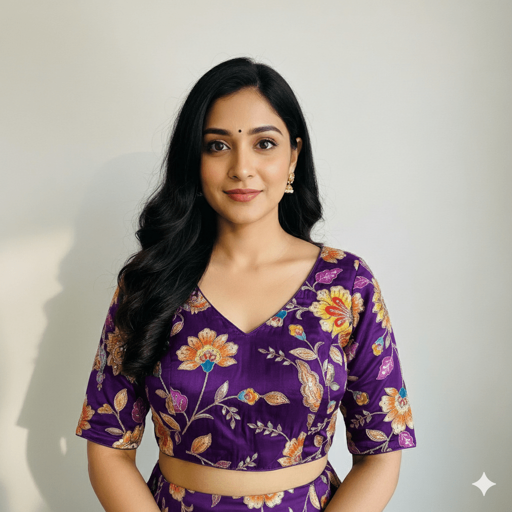 Deep Purple Viscose Crepe Blouse with Handcrafted Embroidery & Mid - Length Sleeves (Free Size 32–40) - swadeshsouq.com