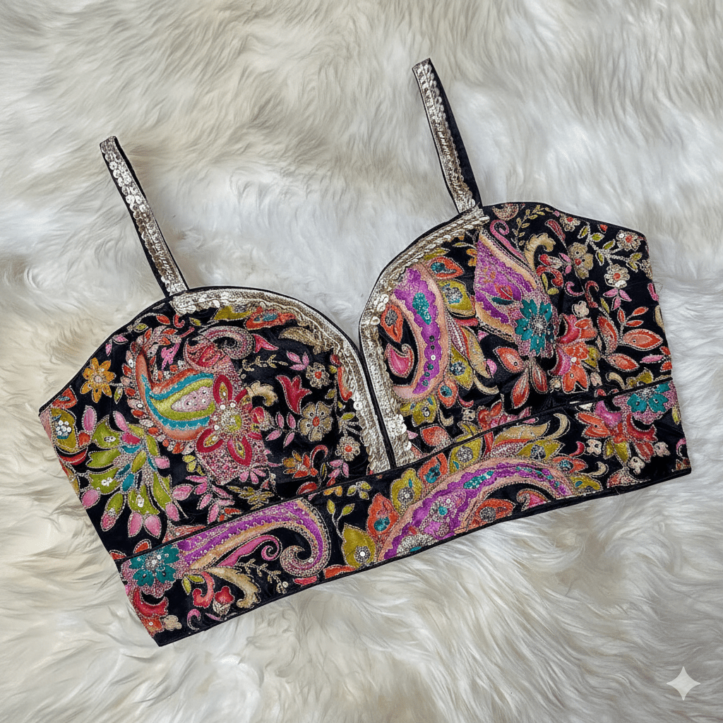 Designer Black Pure Crepe Blouse with Allover Embroidery & Position Print – Sleeveless, Size 32 - 40 - swadeshsouq.com