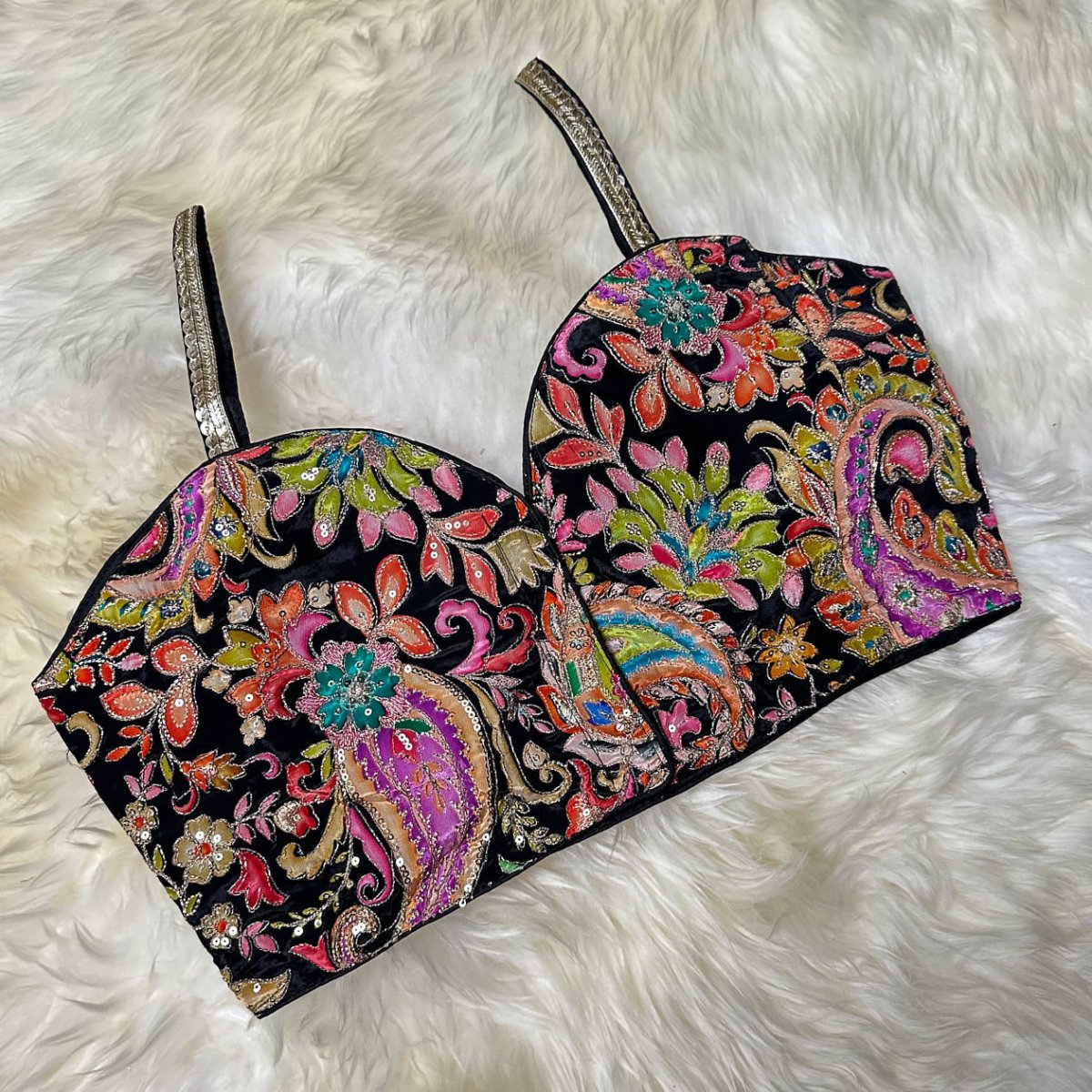 Designer Black Pure Crepe Blouse with Allover Embroidery & Position Print – Sleeveless, Size 32 - 40 - swadeshsouq.com