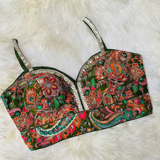 Designer Green Pure Crepe Blouse with Allover Embroidery & Position Print – Sleeveless, Size 32 - 40 - swadeshsouq.com