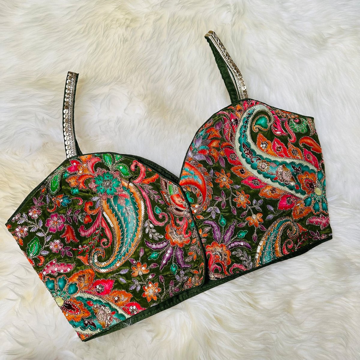 Designer Green Pure Crepe Blouse with Allover Embroidery & Position Print – Sleeveless, Size 32 - 40 - swadeshsouq.com