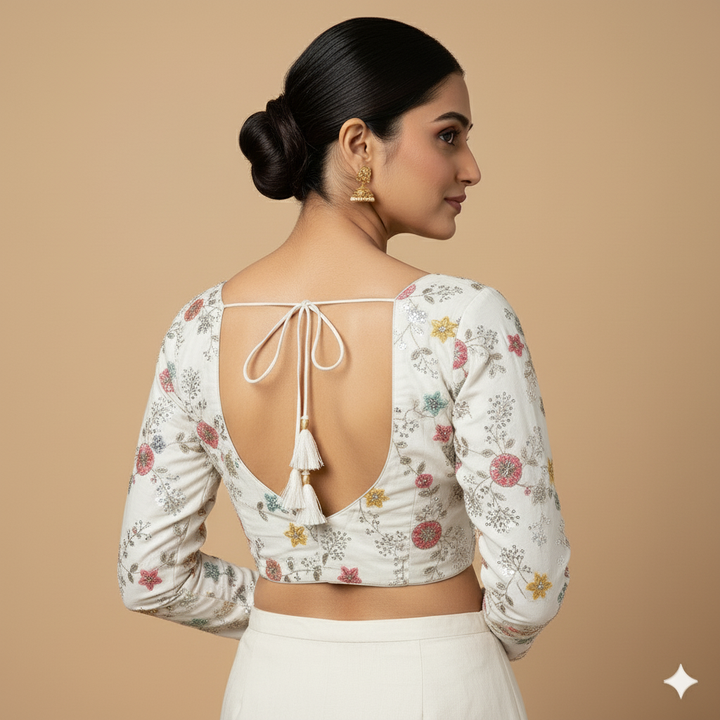 Ivory Khadi Cotton Blouse with All-Over Embroidery & Sequins Work | Full-Length Sleeves (Fits 32–40)