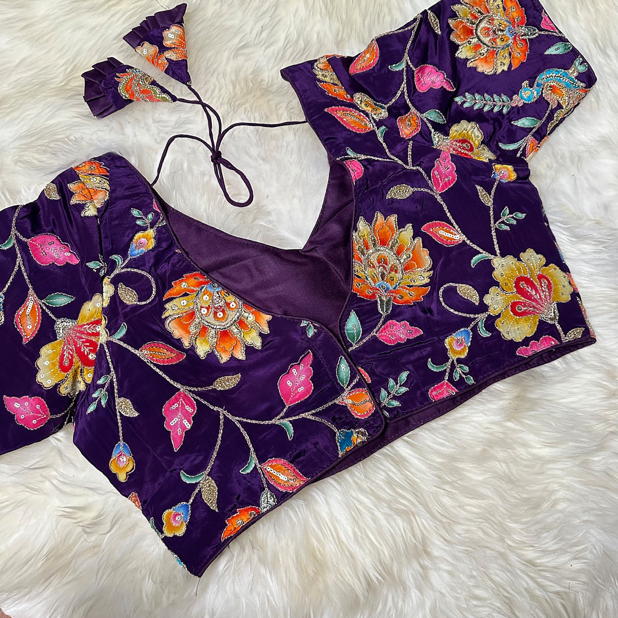Deep Purple Viscose Crepe Blouse with Handcrafted Embroidery & Mid-Length Sleeves (Free Size 32–40)