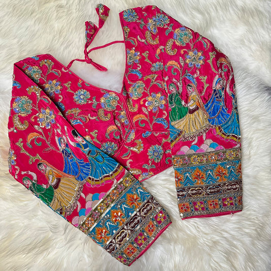 Pink Crepe Designer Blouse with Appliqué Work, Full Embroidered Sleeves & Sequins Detailing (Size 32–40)