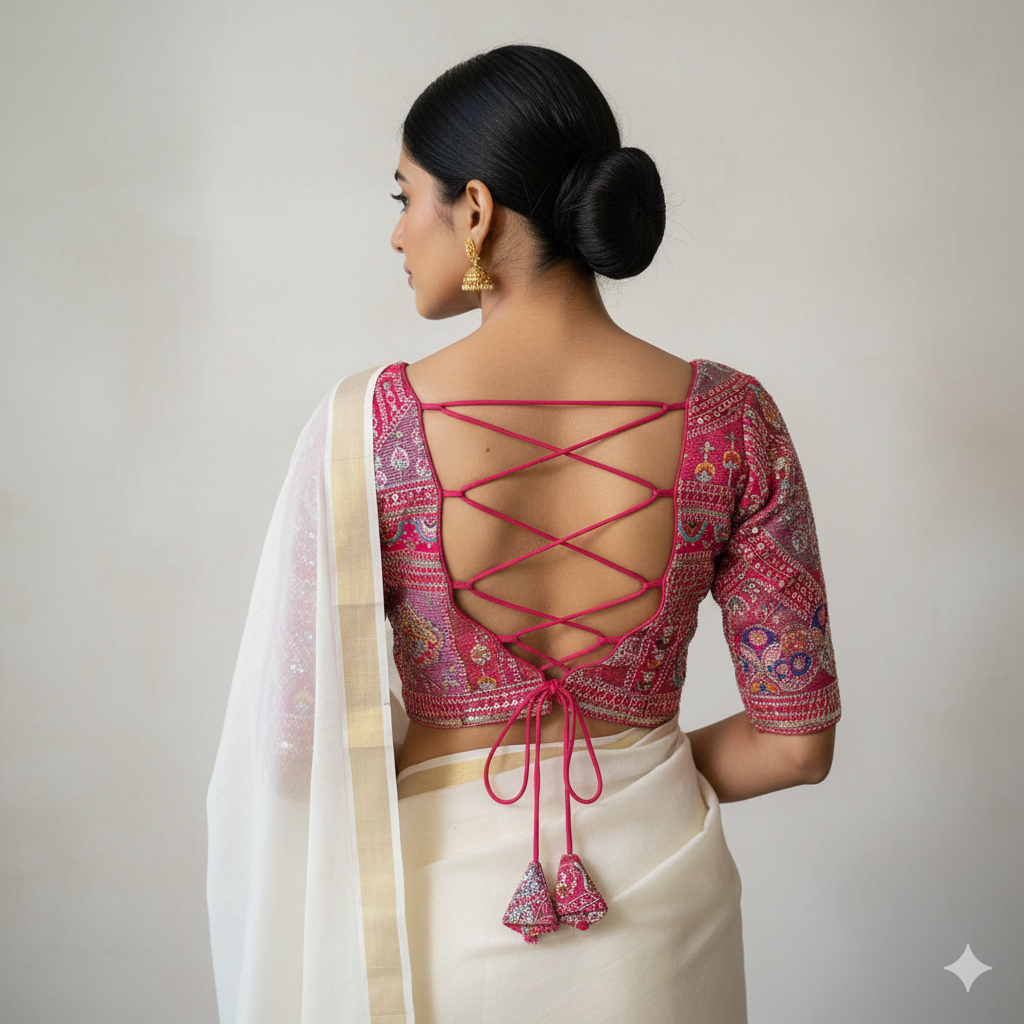 Festive Pink Georgette Blouse with Multicolour Embroidery – 7” Sleeves, Laced Back fits(32 to 40)