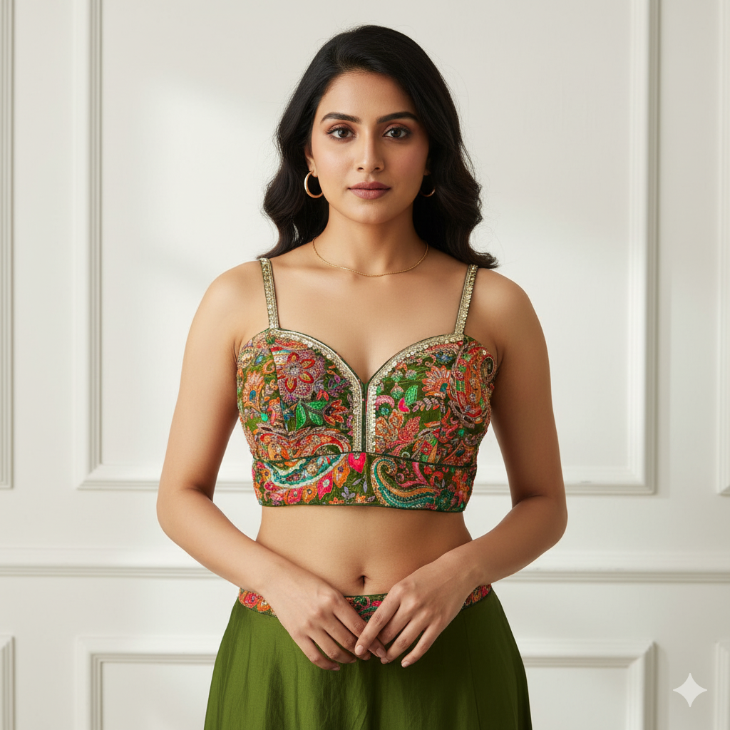 Designer Green Pure Crepe Blouse with Allover Embroidery & Position Print – Sleeveless, Size 32-40